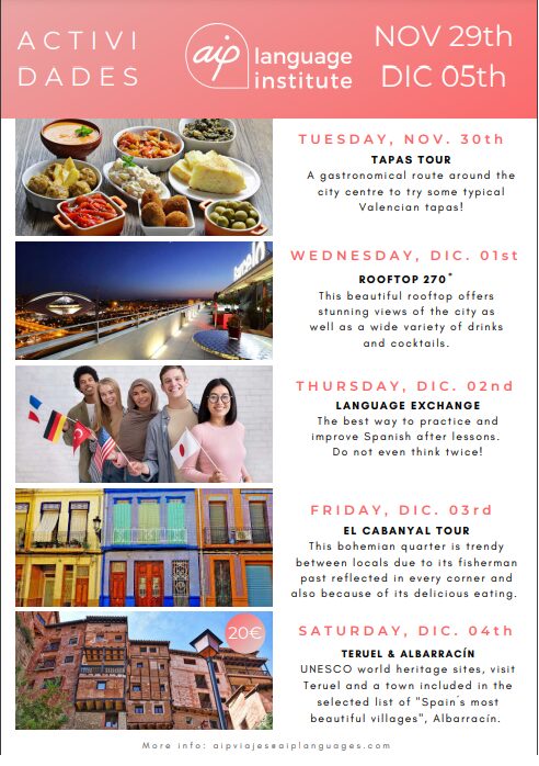 AIPスペイン語スクールのある月のアクティビティスケジュール