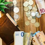 お盆の上にのった、小さな緑の植物とユーロのお札数枚とコインたくさん