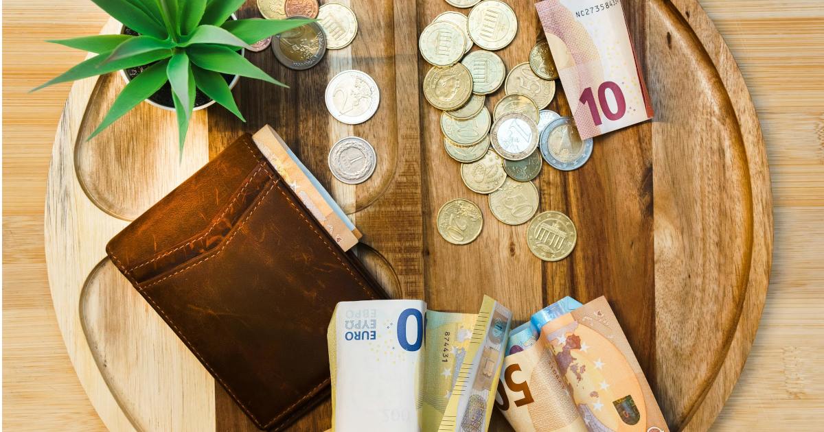 お盆の上にのった、小さな緑の植物とユーロのお札数枚とコインたくさん