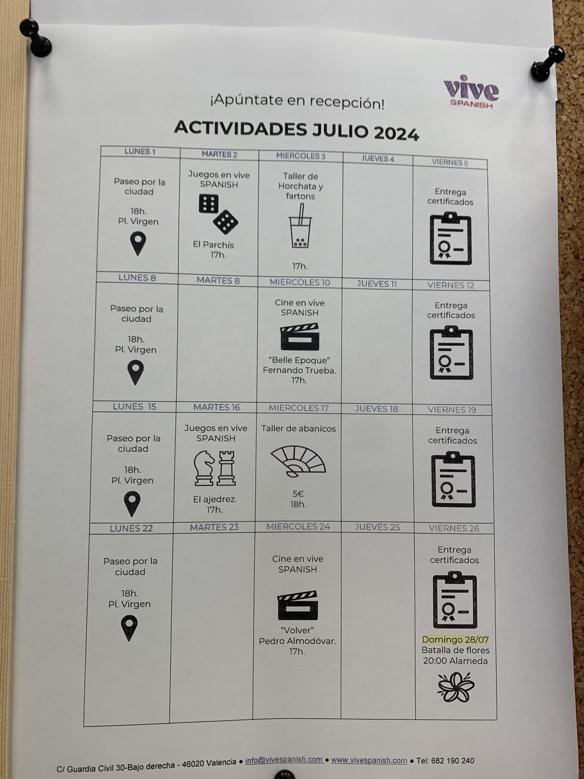 スペイン、バレンシアのスペイン語学校vive spanishの、アクティビティの時間割